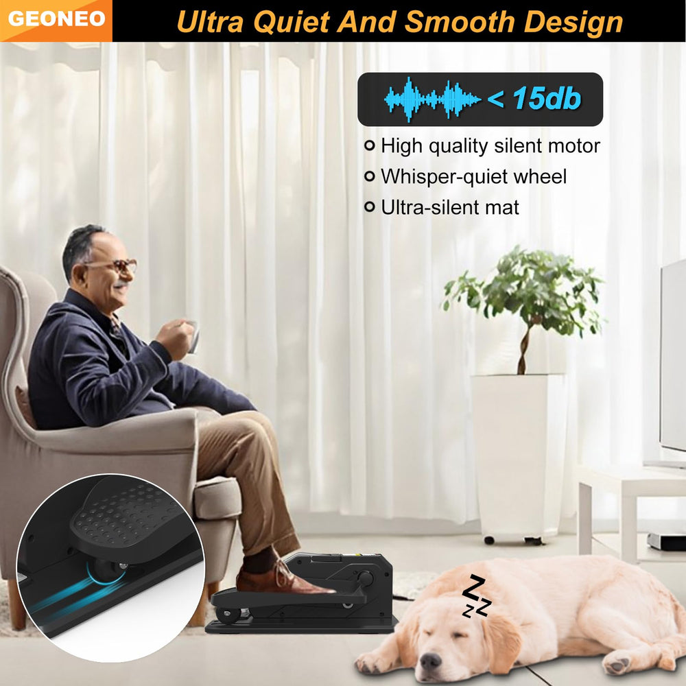 GEONEO compact desk elliptical setup fits small spaces for convenient home workouts.