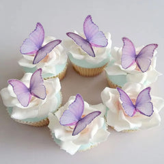GEORLD edible wafer butterflies for cake decoration with a delicate purple hue and subtle 3D feel.