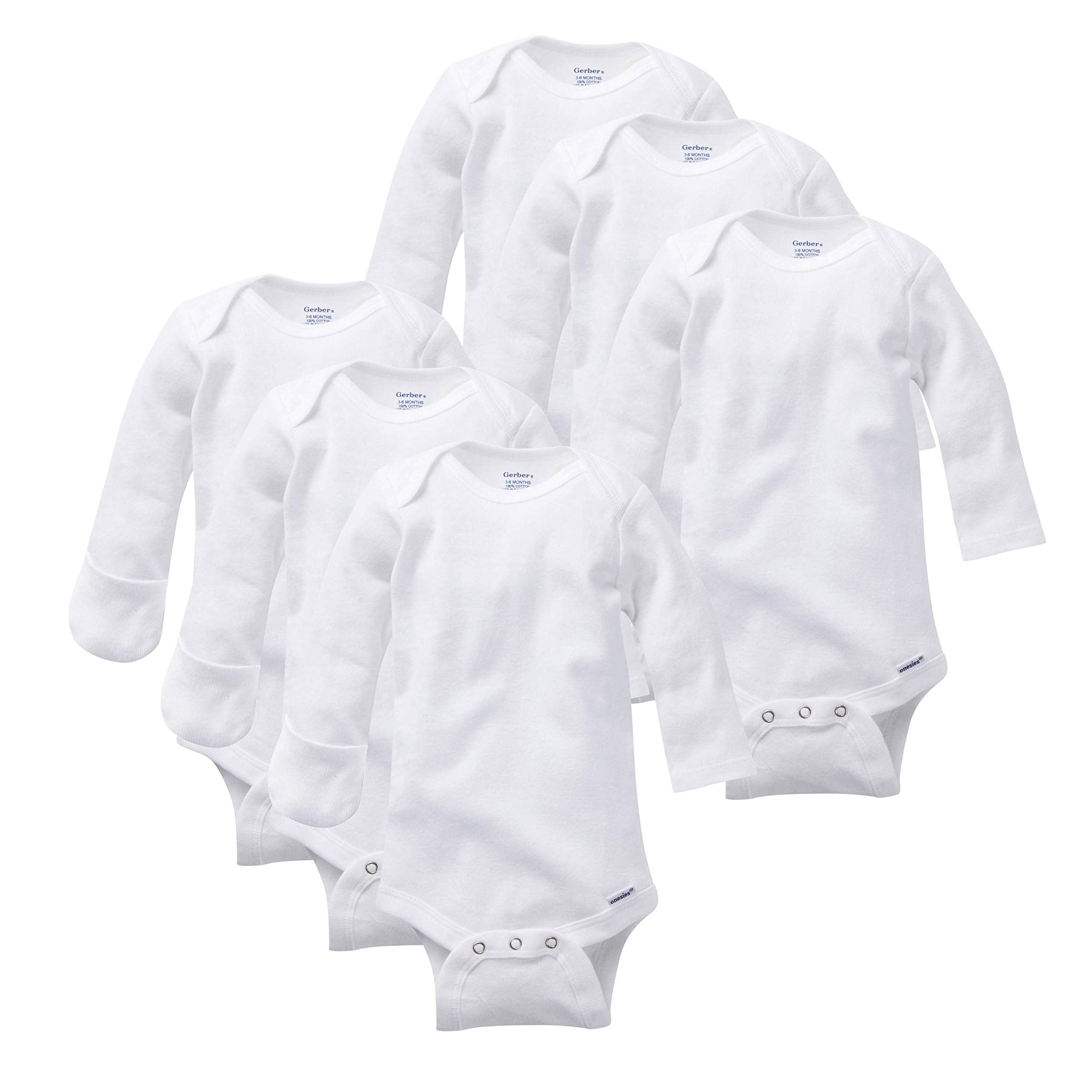 Gerber baby long-sleeve bodysuits front view; soft cotton for everyday comfort