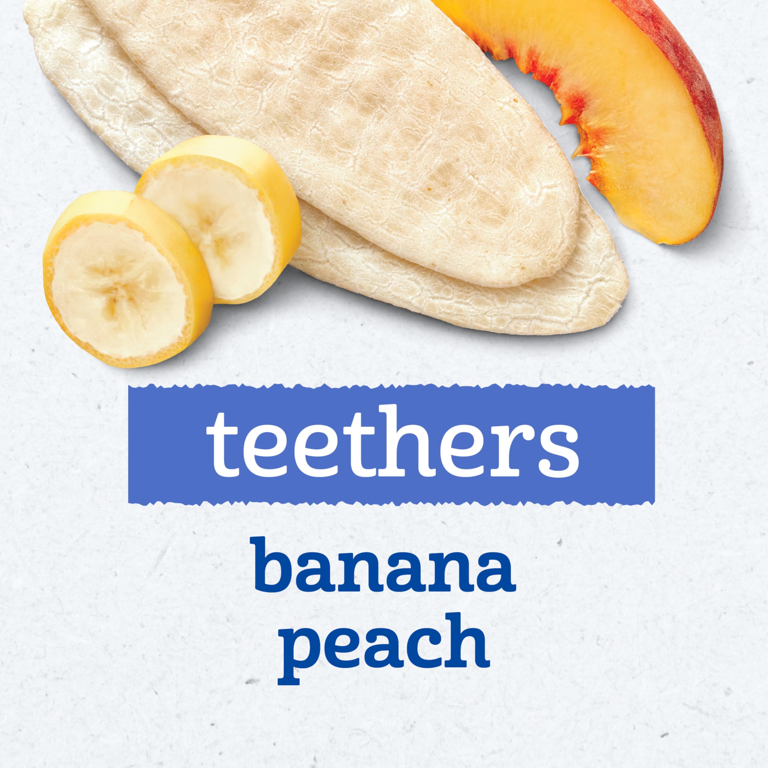 Gerber Banana Peach Teething Wafers package shows 7+ months suitability.