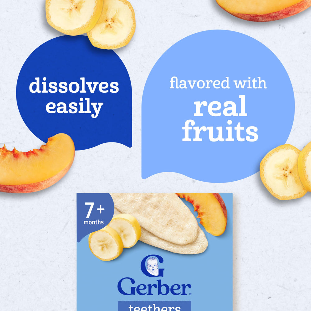 Gerber Banana Peach Teething Wafers no artificial sweeteners.