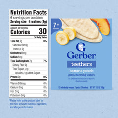 Gerber Banana Peach Teething Wafers packaging close-up, showcasing baby-friendly ingredients.