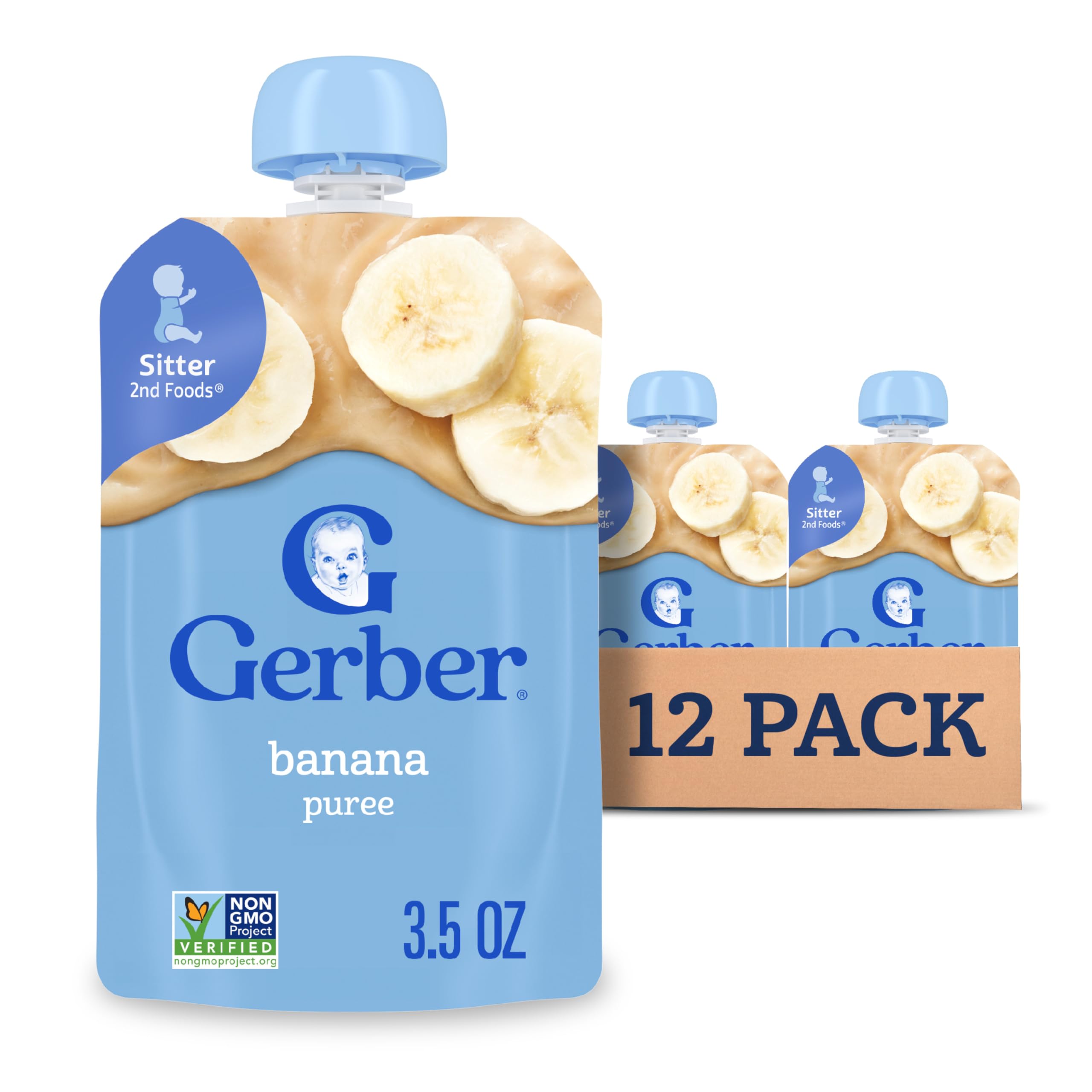 Gerber Banana Puree Pouch close-up highlights smooth texture for mess-free feeding.