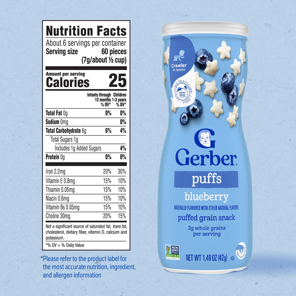 Close-up of Gerber blueberry puffs with textured surface for tiny fingers