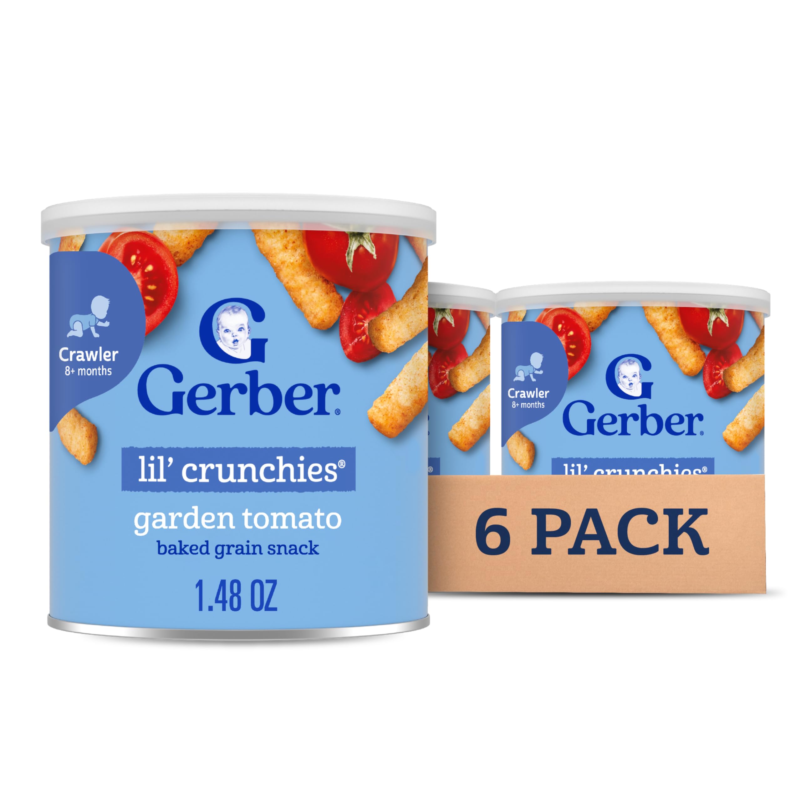 Gerber Lil' Crunchies Garden Tomato pack shot, melt-in-mouth texture for tiny hands.