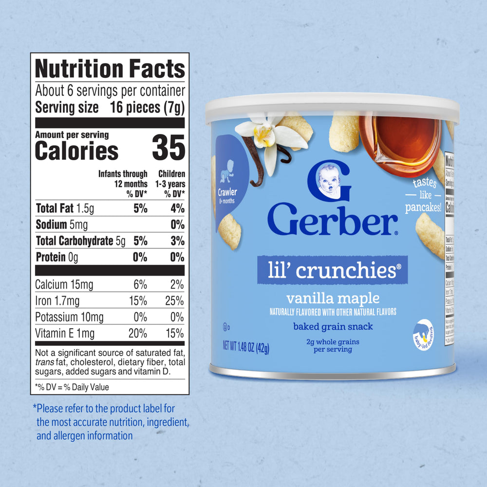 Gerber Lil Crunchies Vanilla Maple baby-hand-holding, promotes self-feeding.