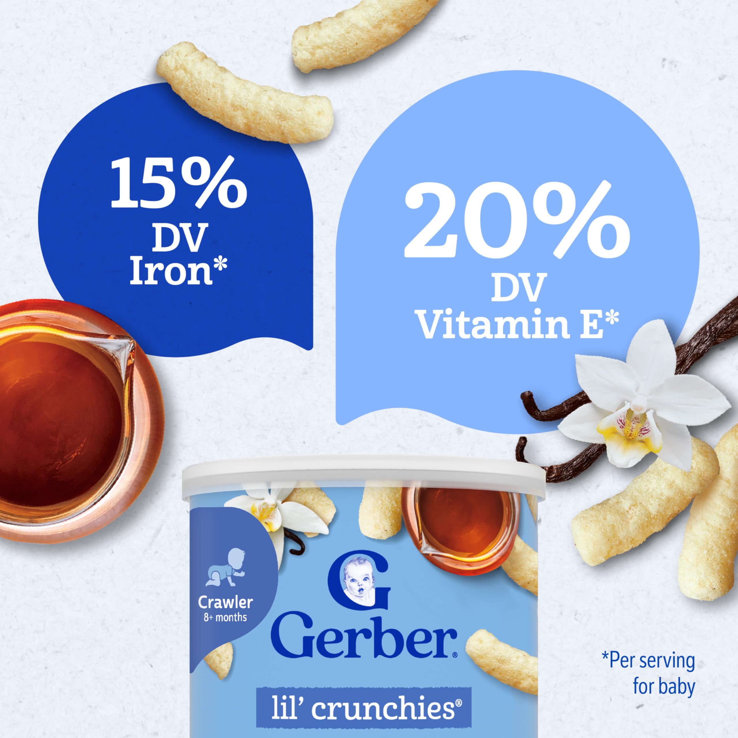 Gerber Lil Crunchies Vanilla Maple kitchen-scene, wholesome snack prep.