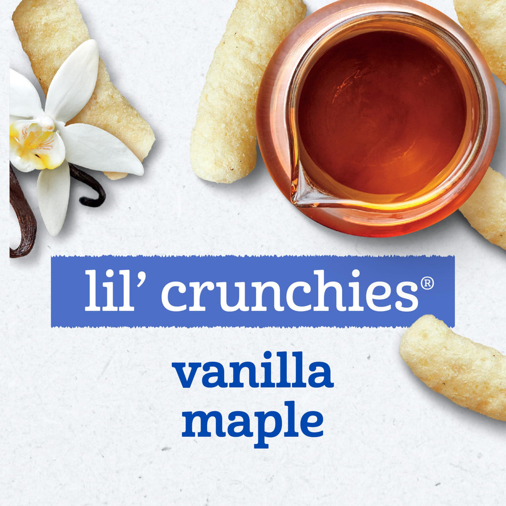 Gerber Lil Crunchies Vanilla Maple on-the-go serving, perfect travel snack.