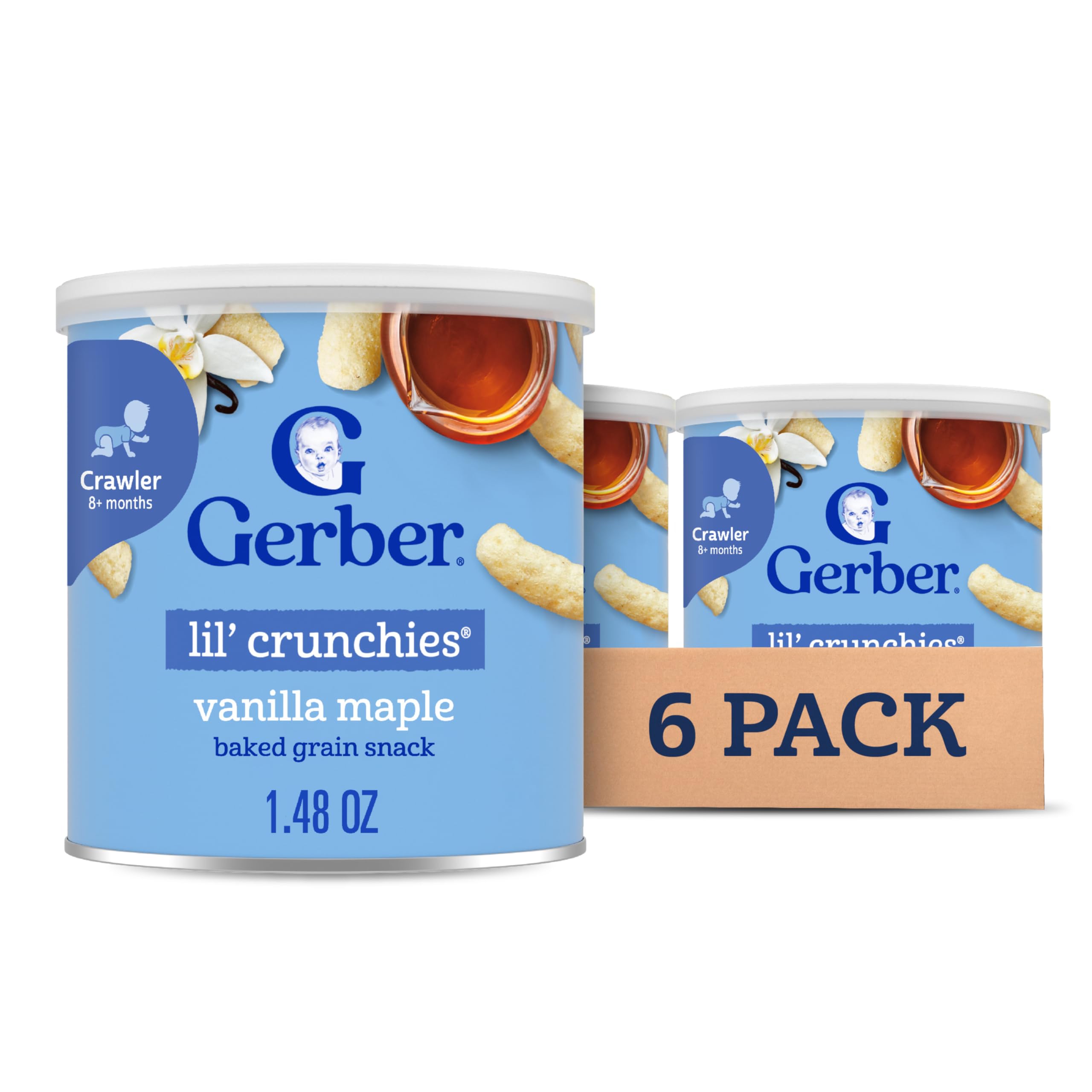 Gerber Lil Crunchies Vanilla Maple pack-front, convenient on-the-go baby snack.