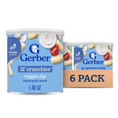 Packaging of Gerber Lil' Crunchies Veggie Dip, convenient self-feed snack for babies.