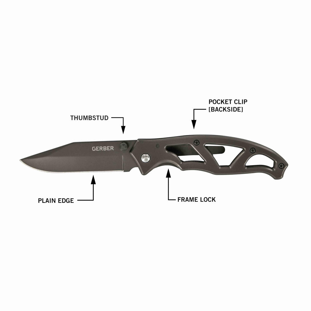 Gerber Paraframe I gray finish adds sleek, low-profile aesthetics.