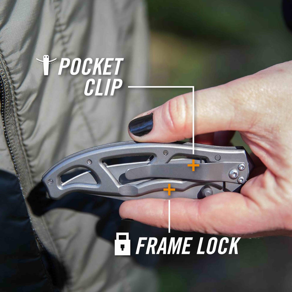 Gerber Paraframe I stainless steel handle emphasizes durability and easy cleaning.