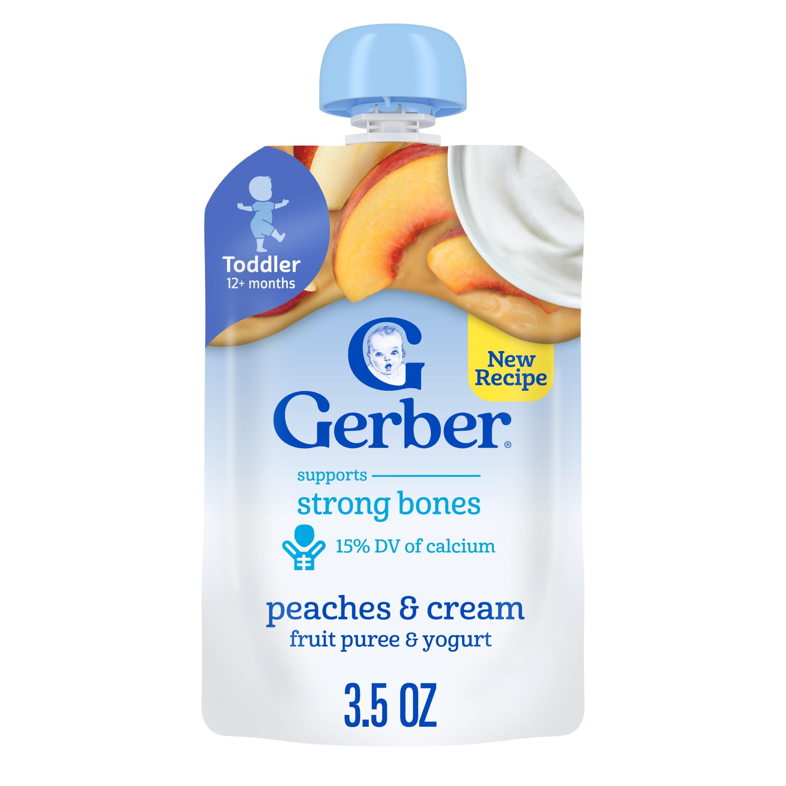 Gerber Peaches Cream Fruit Yogurt Pouch for toddlers, real fruit and smooth yogurt.