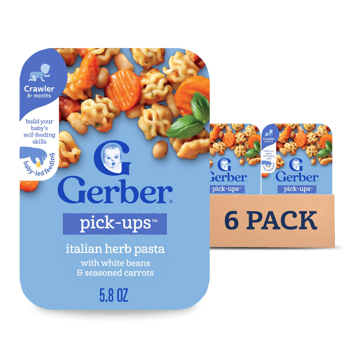 Gerber Pick-Ups Italian Herb pasta on plate for baby-led feeding exploration