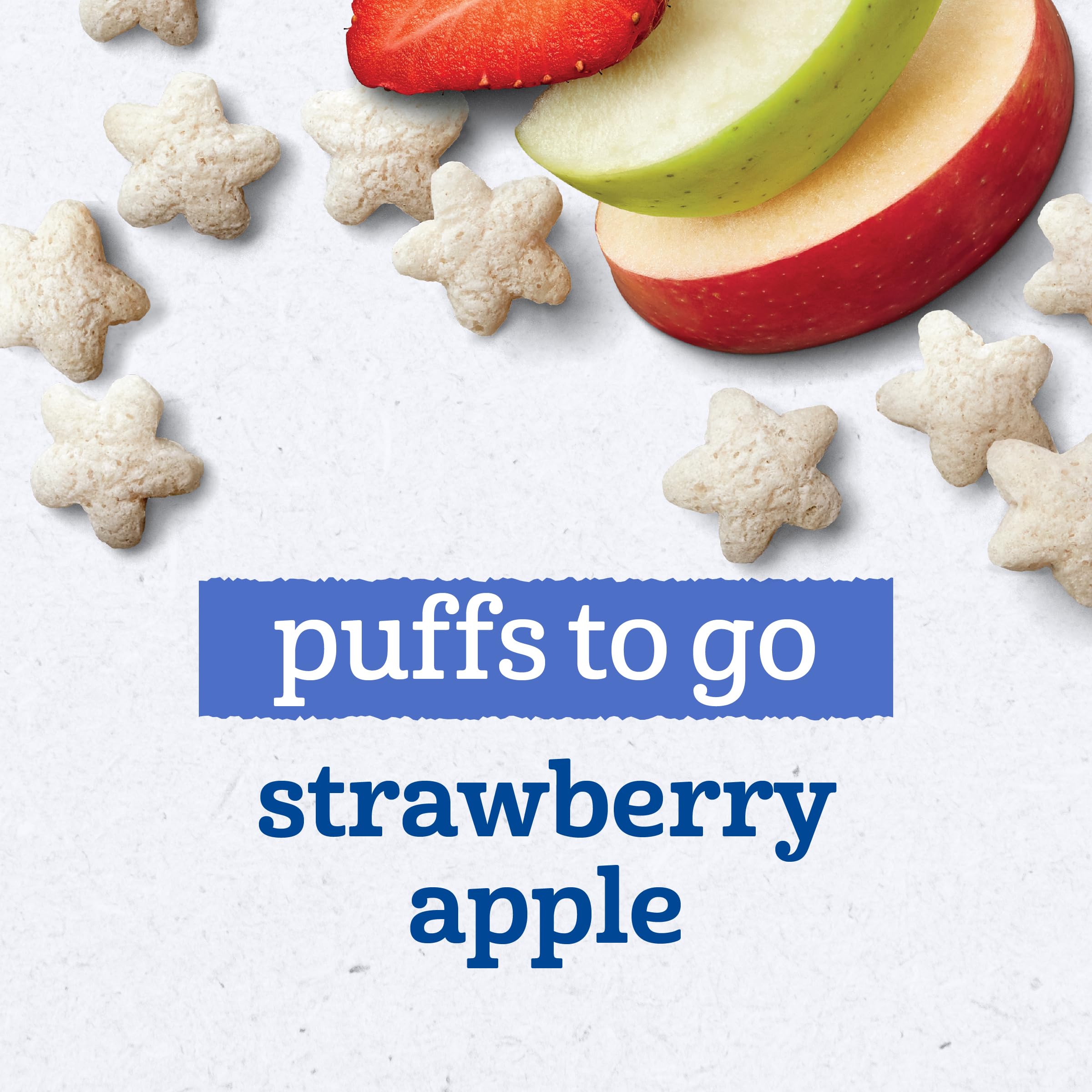Gerber Puffs to Go Strawberry Apple held by a toddler's hand, easy bite-sized snack.