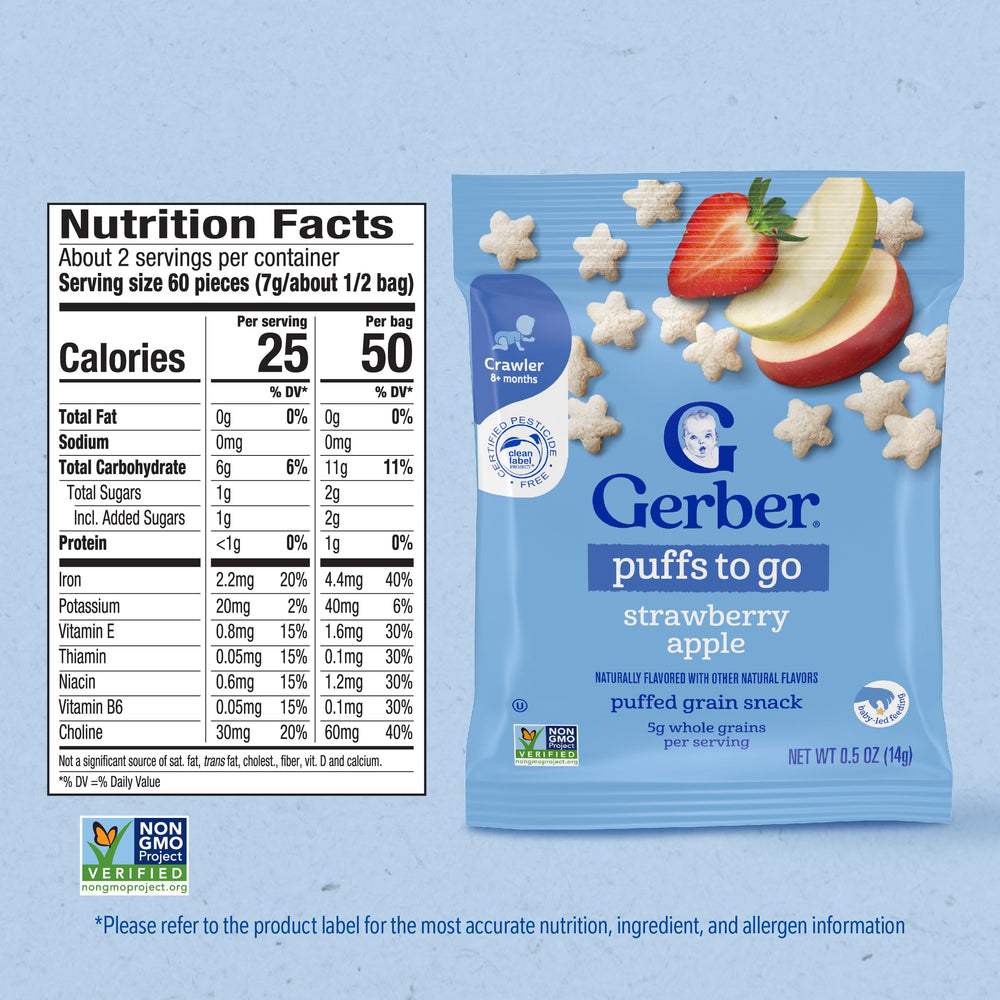 Gerber logo beside Puffs to Go Strawberry Apple packaging.