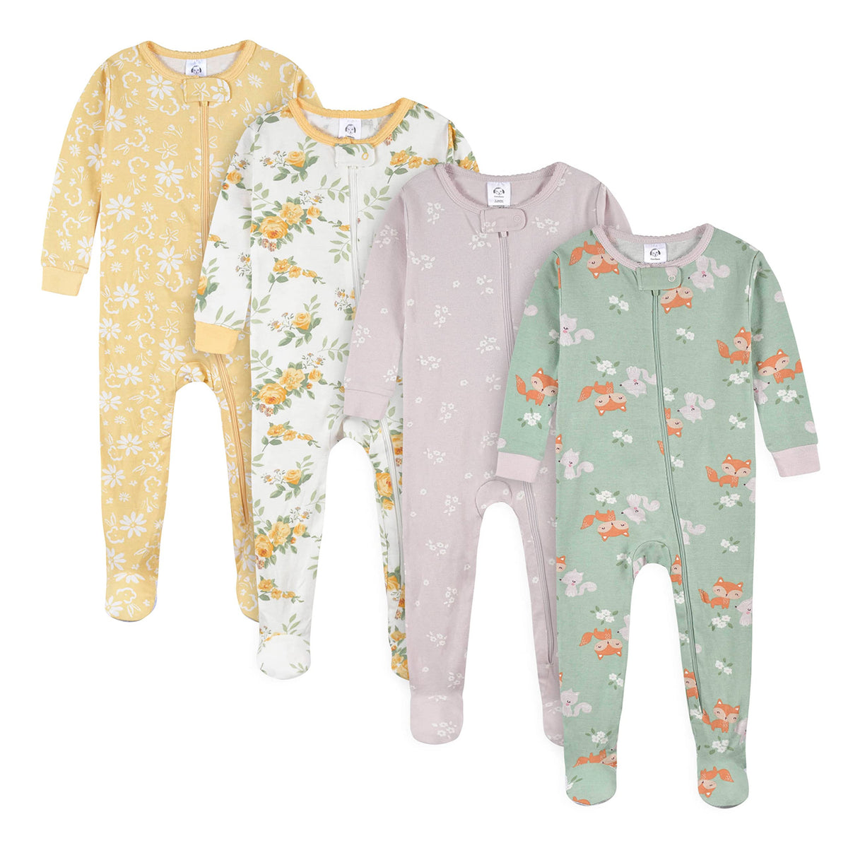 Gerber 4-pack roses and fox footed pajamas provide cozy nights for babies.