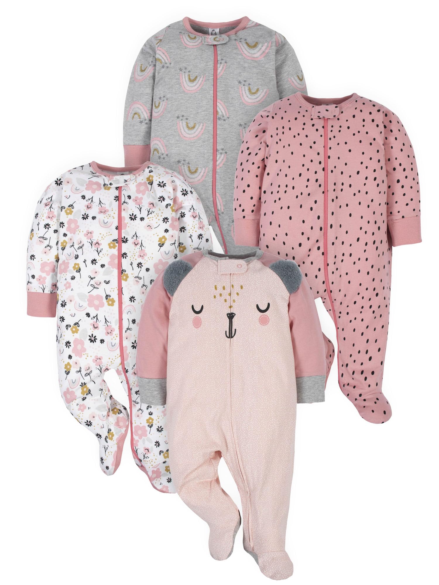 Gerber Sleep n' Play bear pink footed pajamas provide soft, breathable comfort for baby