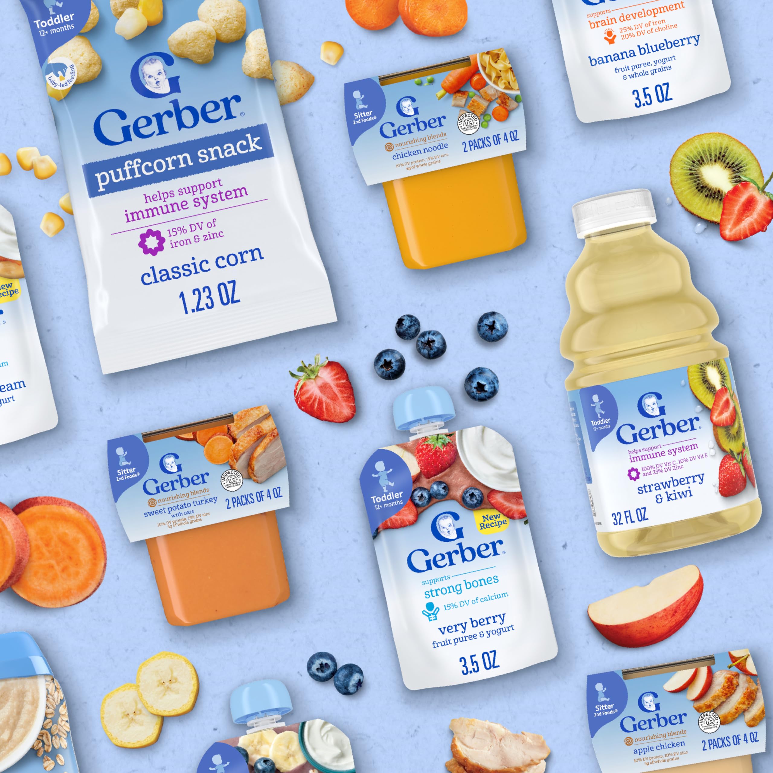 Gerber Stage 2 front label highlights 11 essential nutrients.