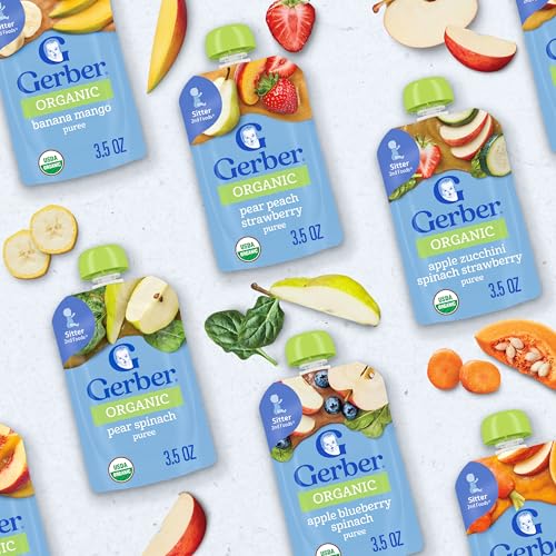 Gerber Stage 2 Apple Blueberry Spinach Puree Pouch offers balanced fruit-veg blend