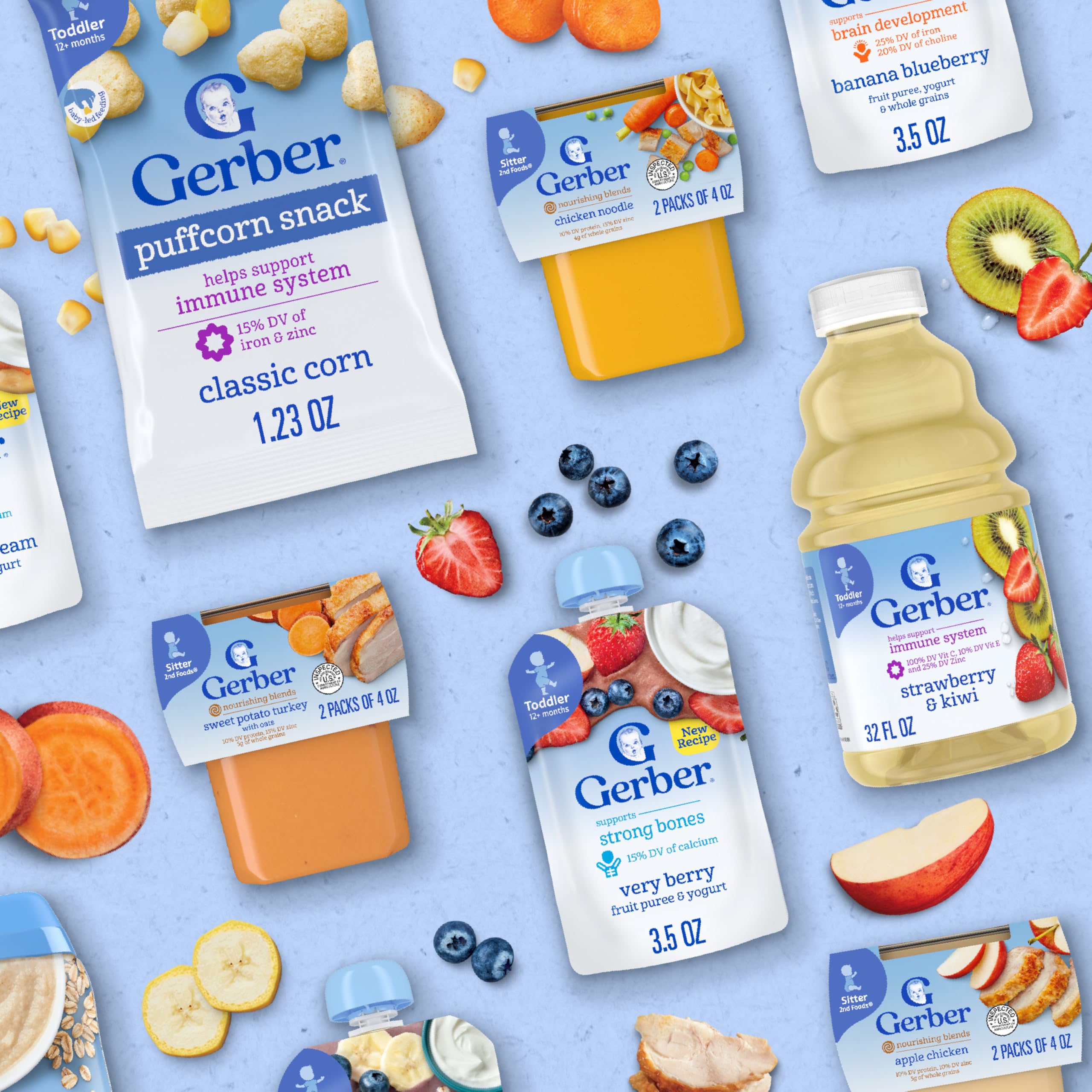 Gerber Stage 2 Apple Chicken Dinner tub with non-GMO verification.