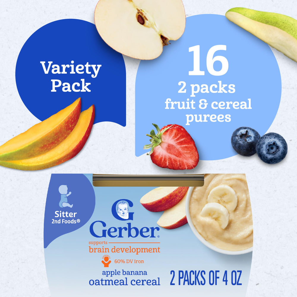 Gerber Stage 2 packaging showing five cereal options for meal planning.