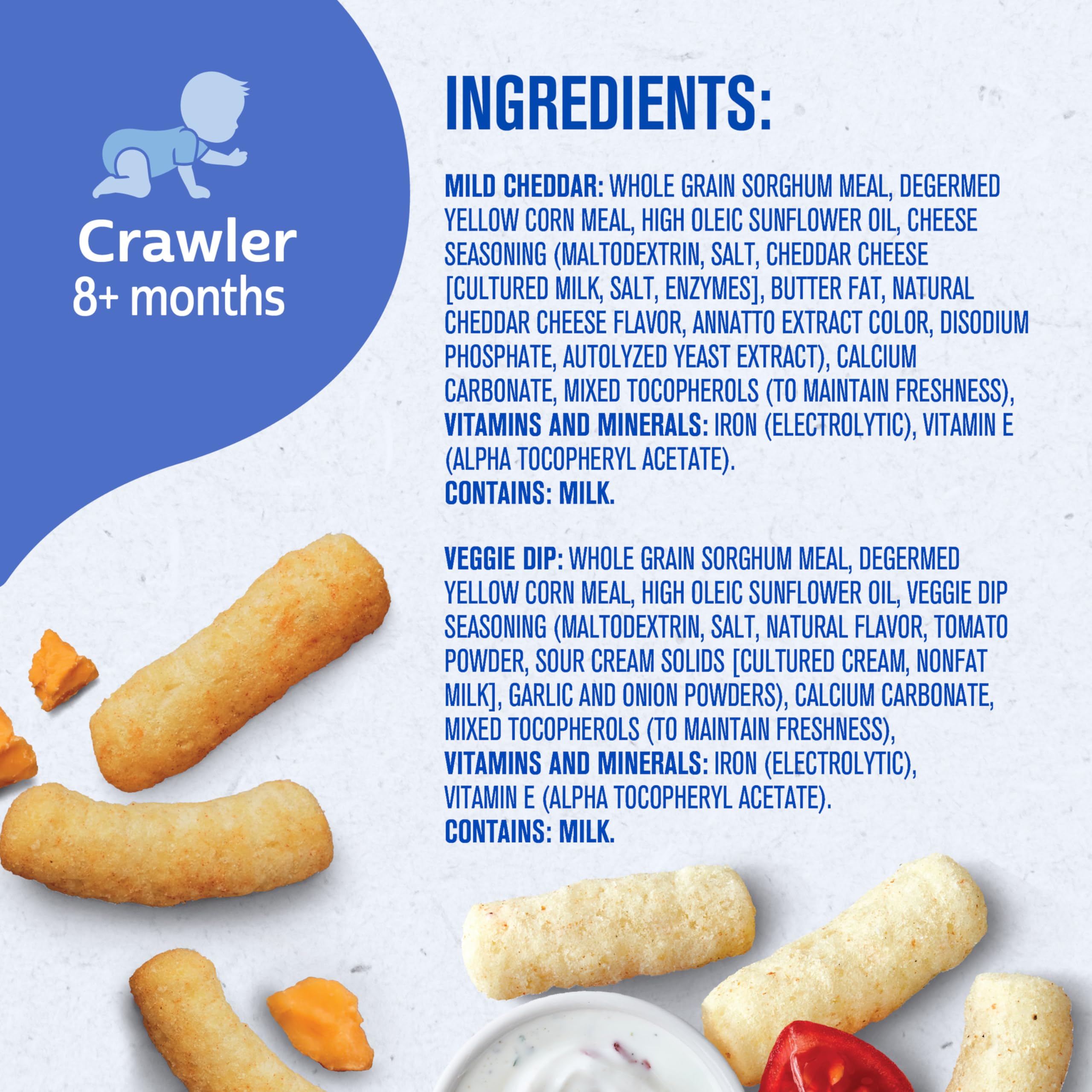 Gerber Stage 3 baby snacks 8 months and up; supports growing independence.