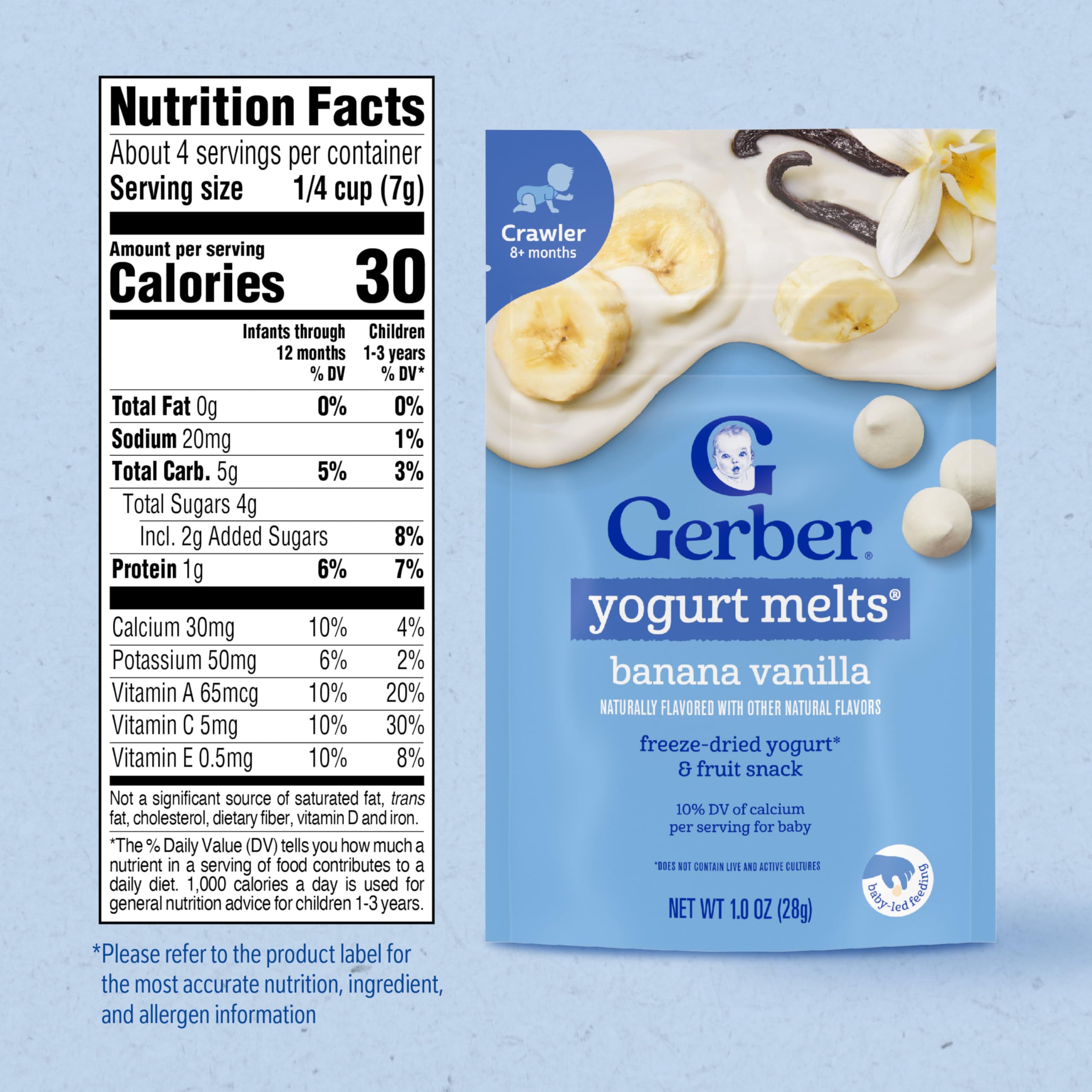 Gerber Stage 3 melts dissolve easily in a tiny hand for self-feeding.