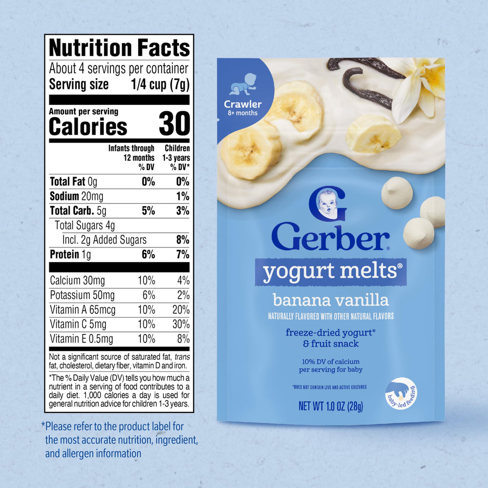 Gerber Stage 3 melts dissolve easily in a tiny hand for self-feeding.