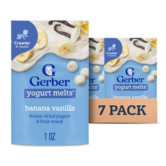 Gerber Stage 3 Banana Vanilla Yogurt Melts hero pack for on-the-go snacking.