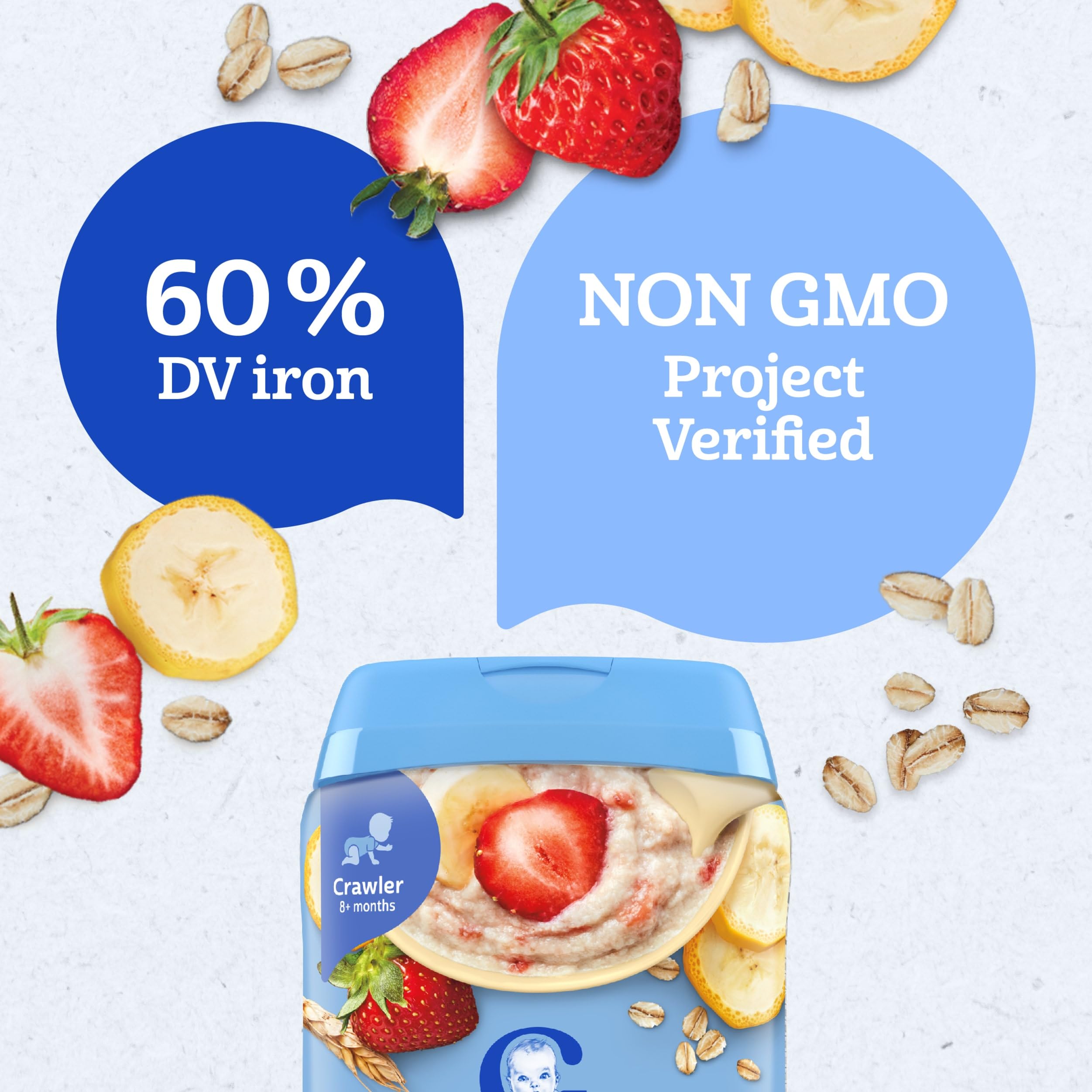 Gerber Stage 3 Oatmeal Banana Strawberry Cereal ingredients panel shows nutrition.