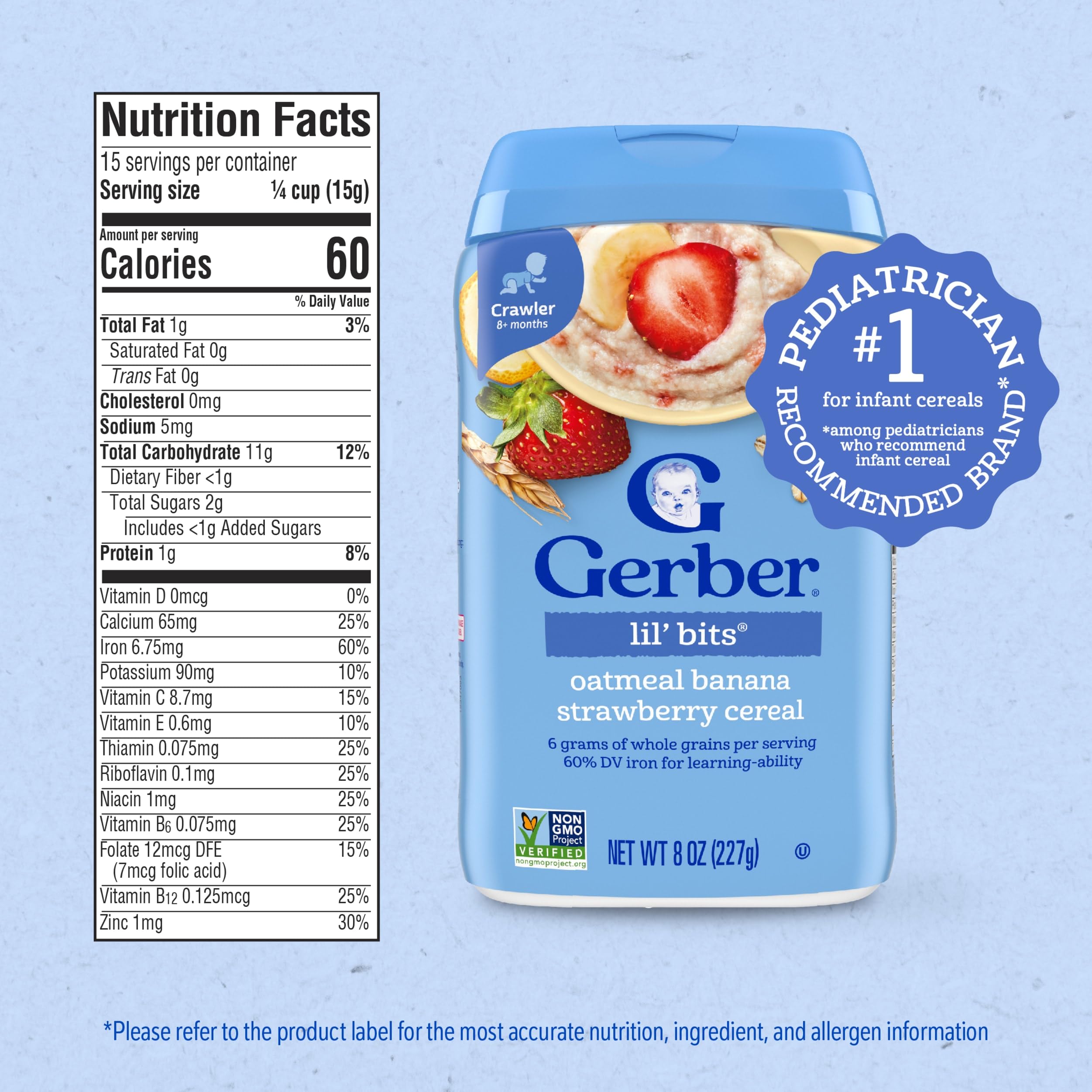 Gerber Stage 3 Oatmeal Banana Strawberry Cereal packaging highlights whole grains.