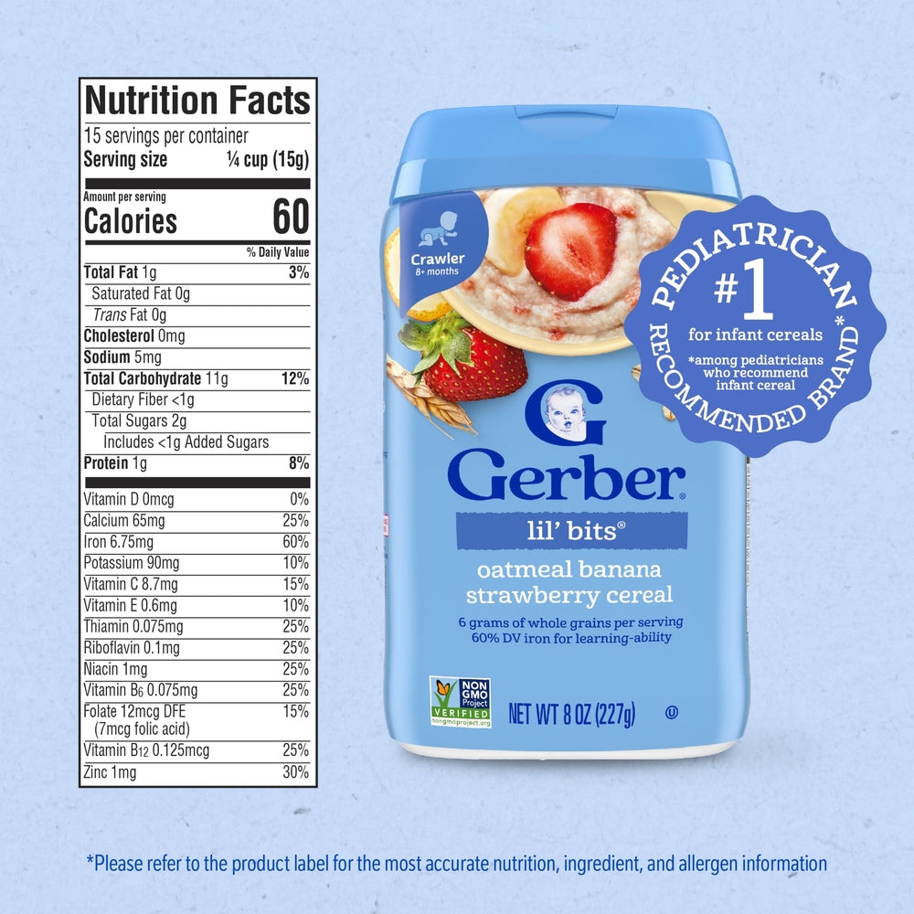 Gerber Stage 3 Oatmeal Banana Strawberry Cereal packaging highlights whole grains.