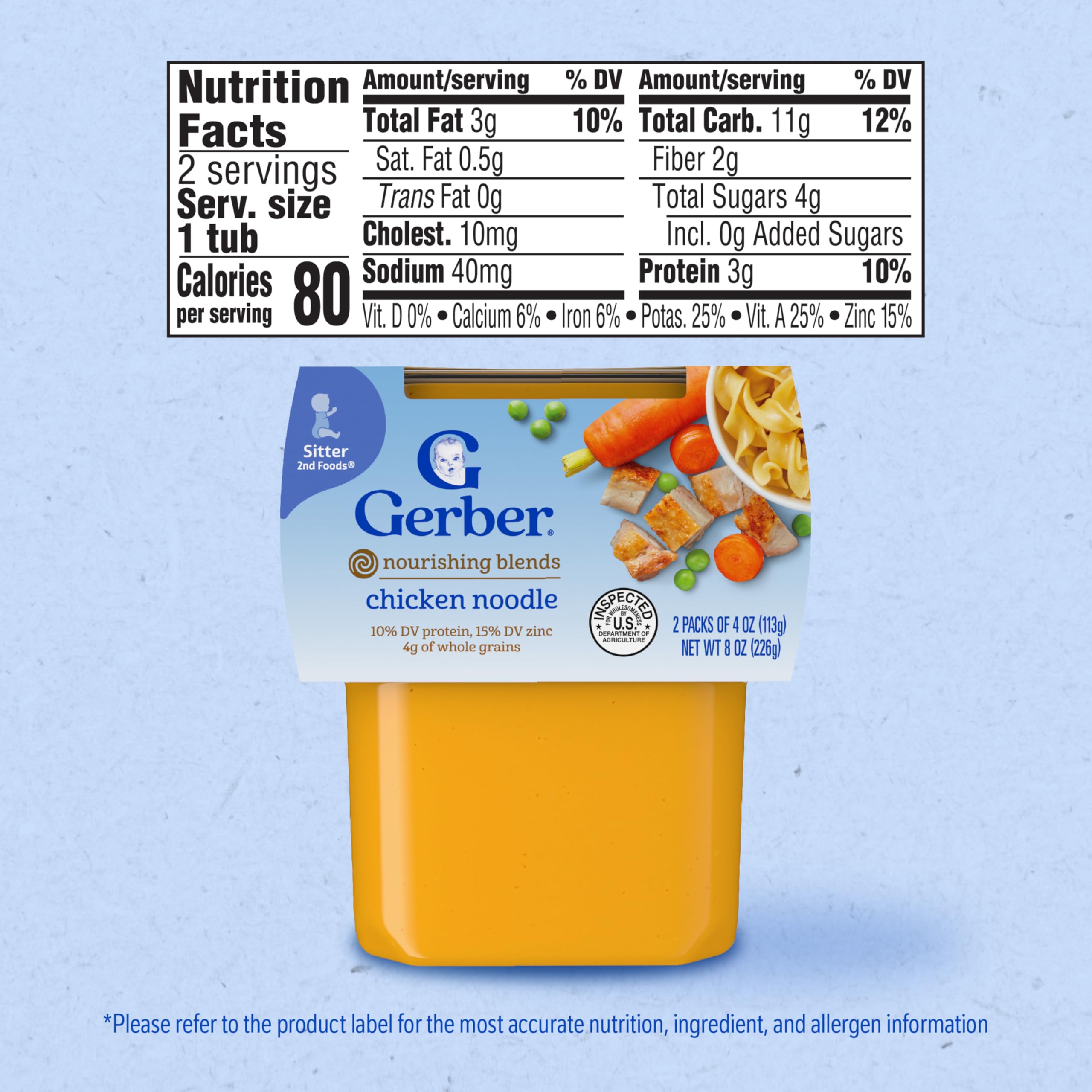 Gerber Stage 2 chicken noodle puree tub, easy to store and feed.