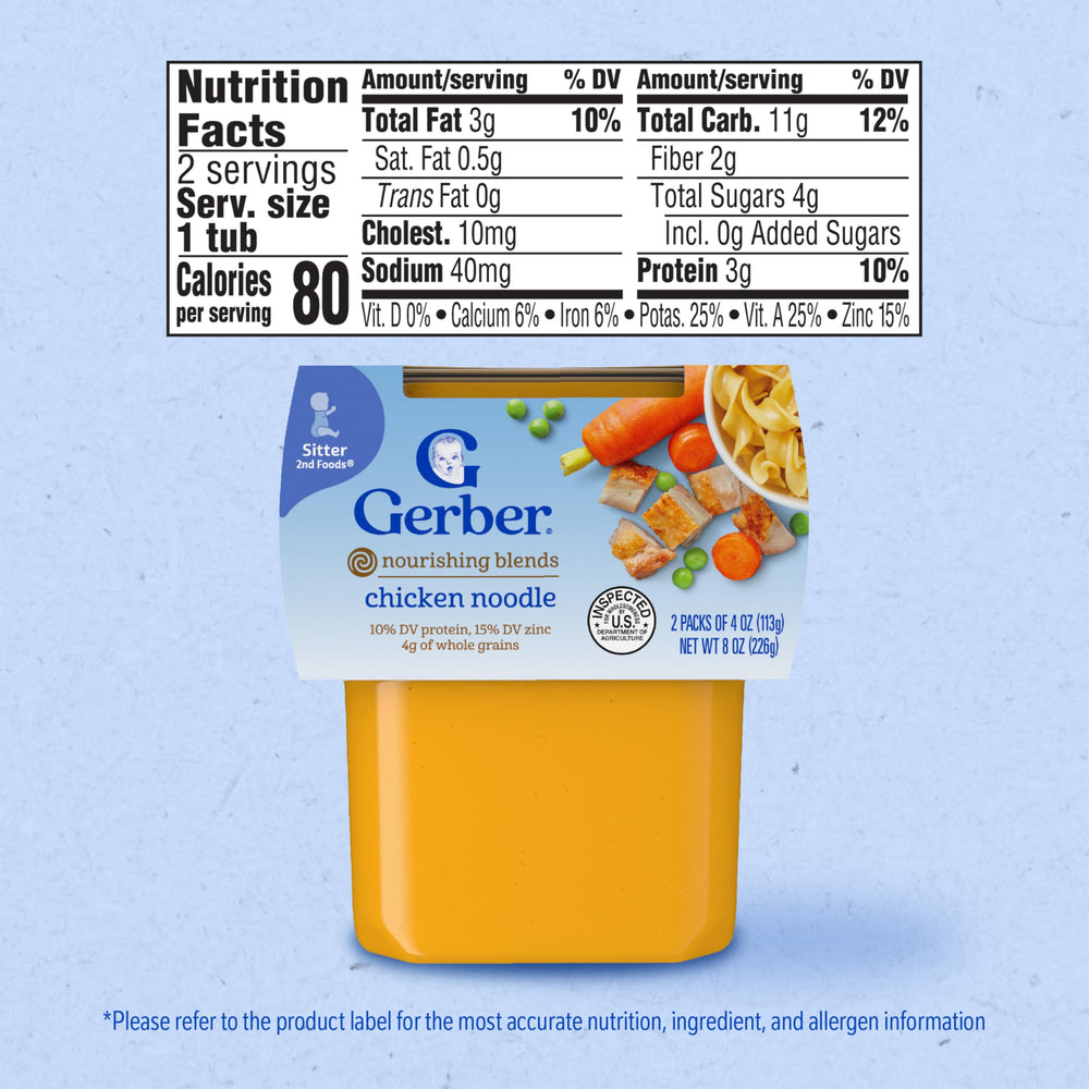 Gerber Stage 2 chicken noodle puree tub, easy to store and feed.