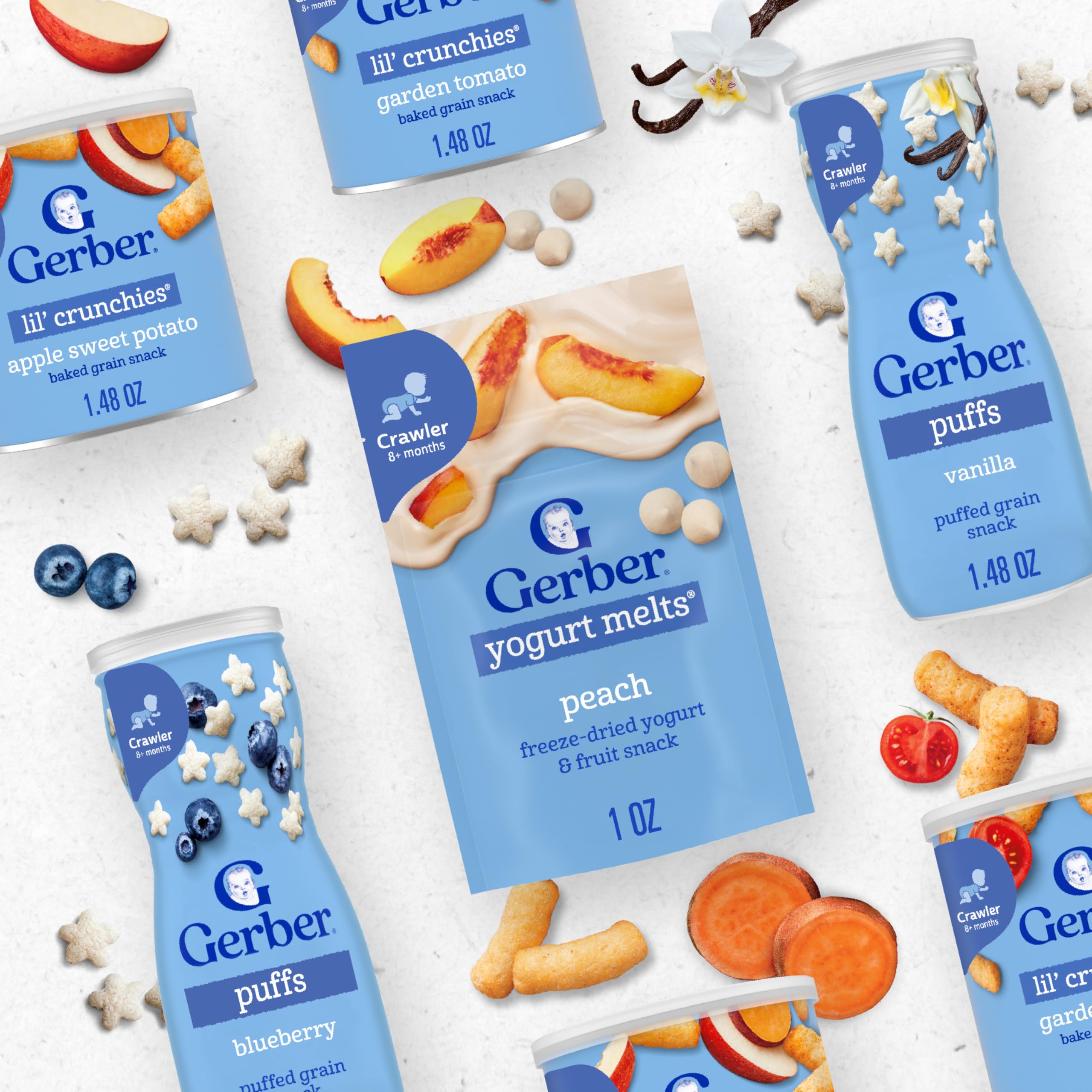 Gerber Stage 3 six-pack packaging, convenient snack for growing babies.