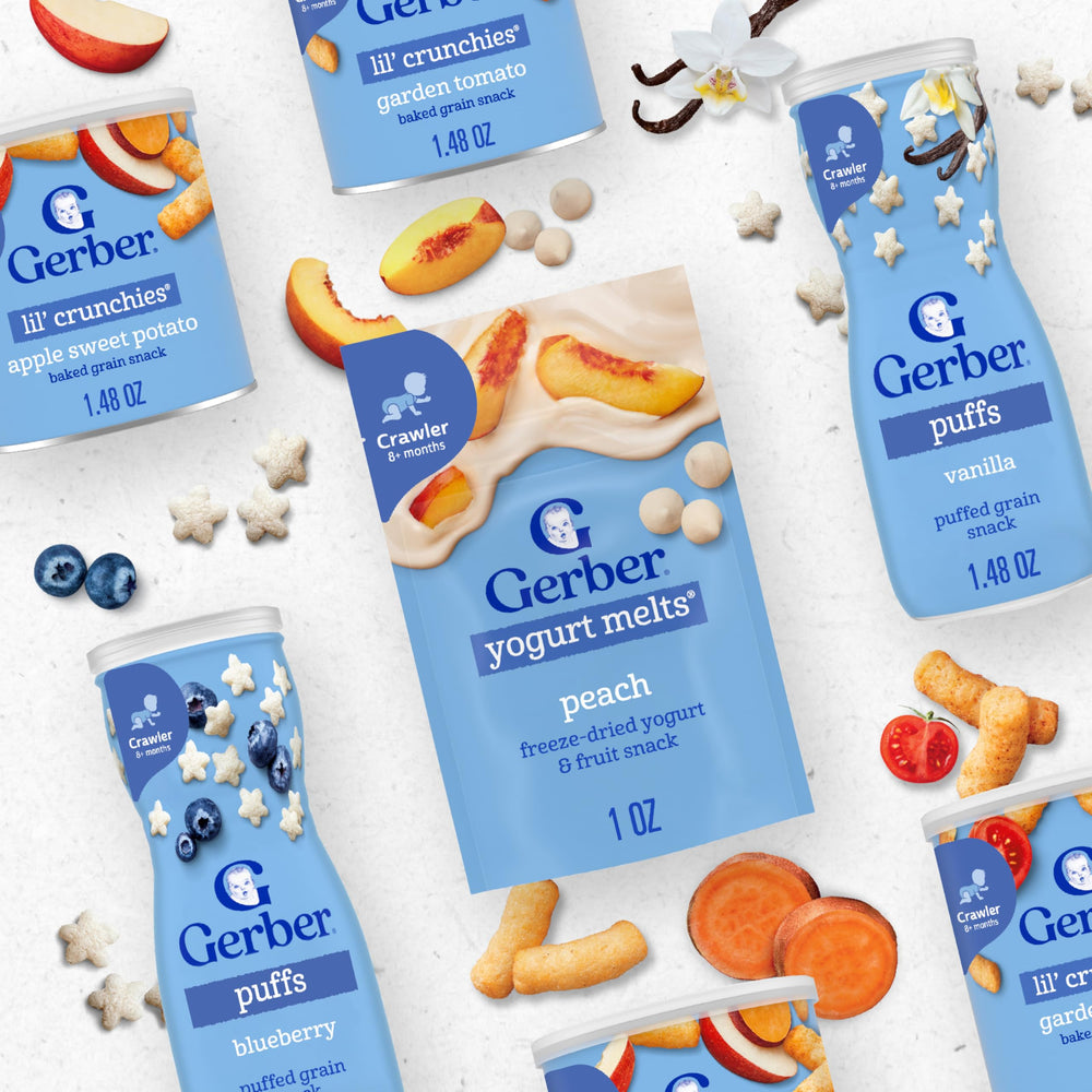 Gerber Stage 3 six-pack packaging, convenient snack for growing babies.