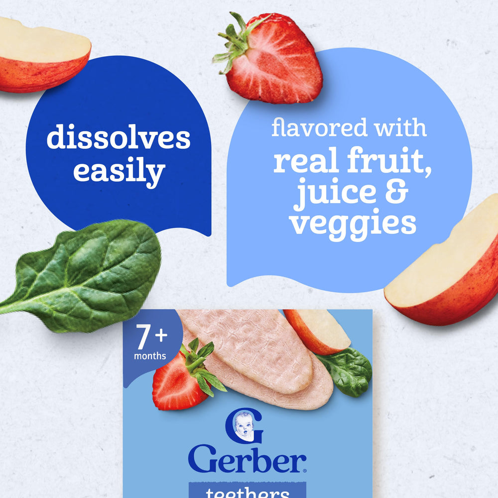 Natural ingredients focus for Gerber strawberry-apple-spinach wafers.