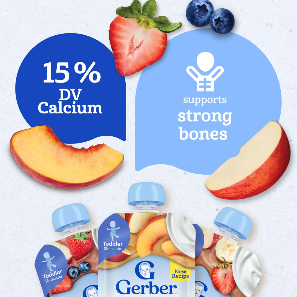 Calcium 15% DV badge on Gerber pouch for growing bones.