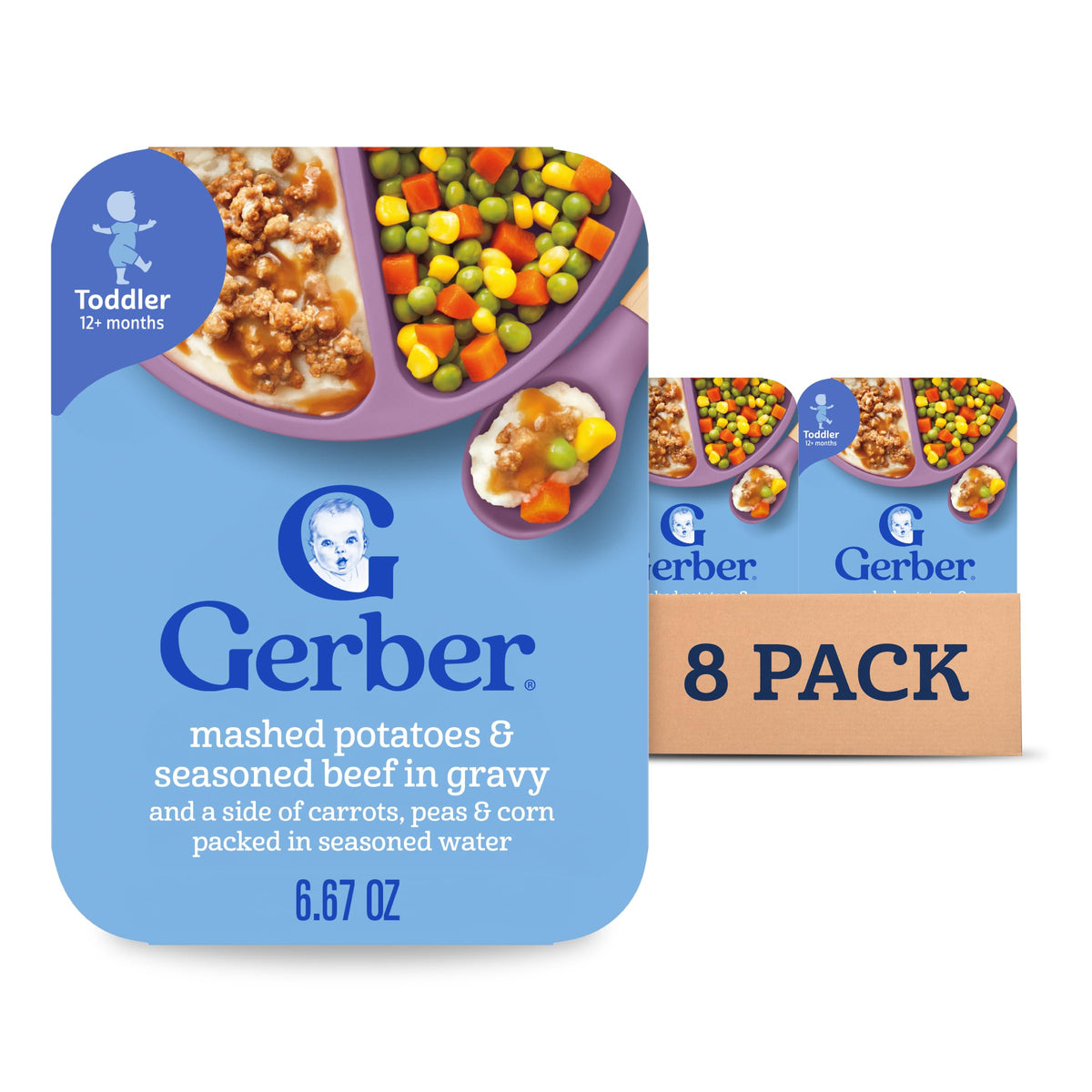 Gerber Toddler Food: mashed potatoes with beef in gravy, ready to serve.