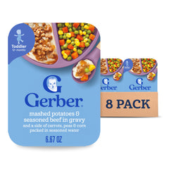 Gerber Toddler Food: mashed potatoes with beef in gravy, ready to serve.