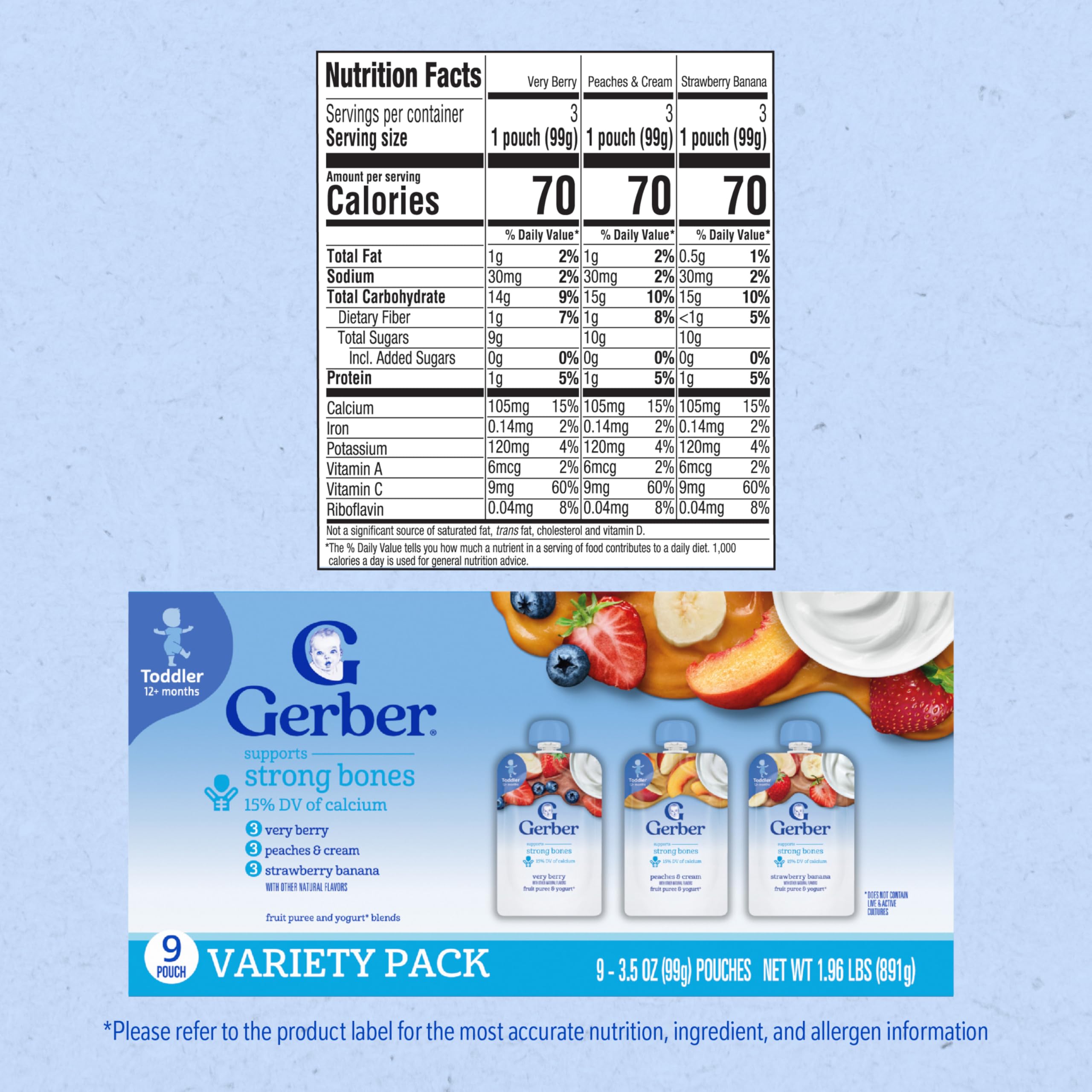 Gerber Toddler Peaches and Cream pouch highlights creamy fruit puree for toddlers.