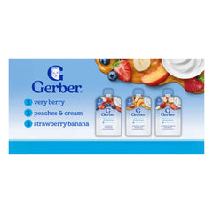 Gerber Toddler Very Berry pouch offers fruit puree with yogurt for on-the-go snacking.