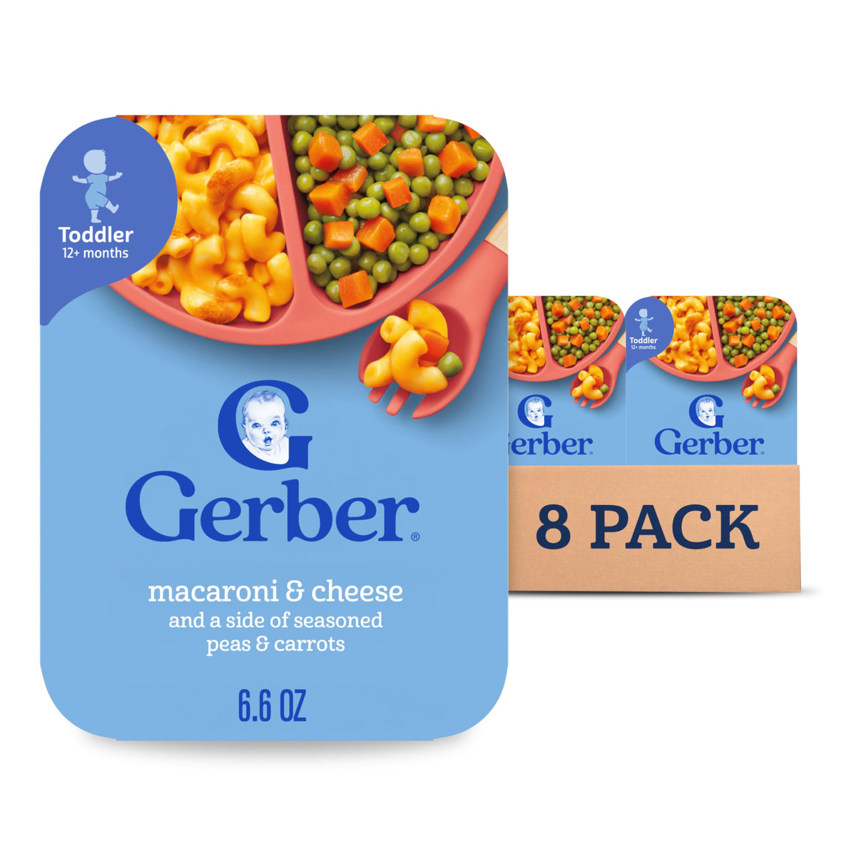 Gerber toddler macaroni and cheese with peas and carrots on a plate for self-feeding