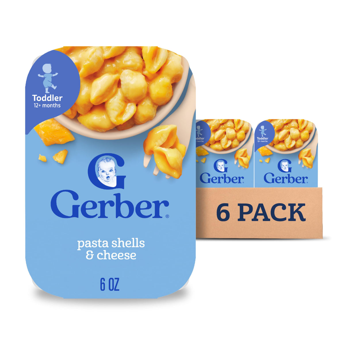Gerber toddler pasta shells and cheese on a tray, quick mealtime option.