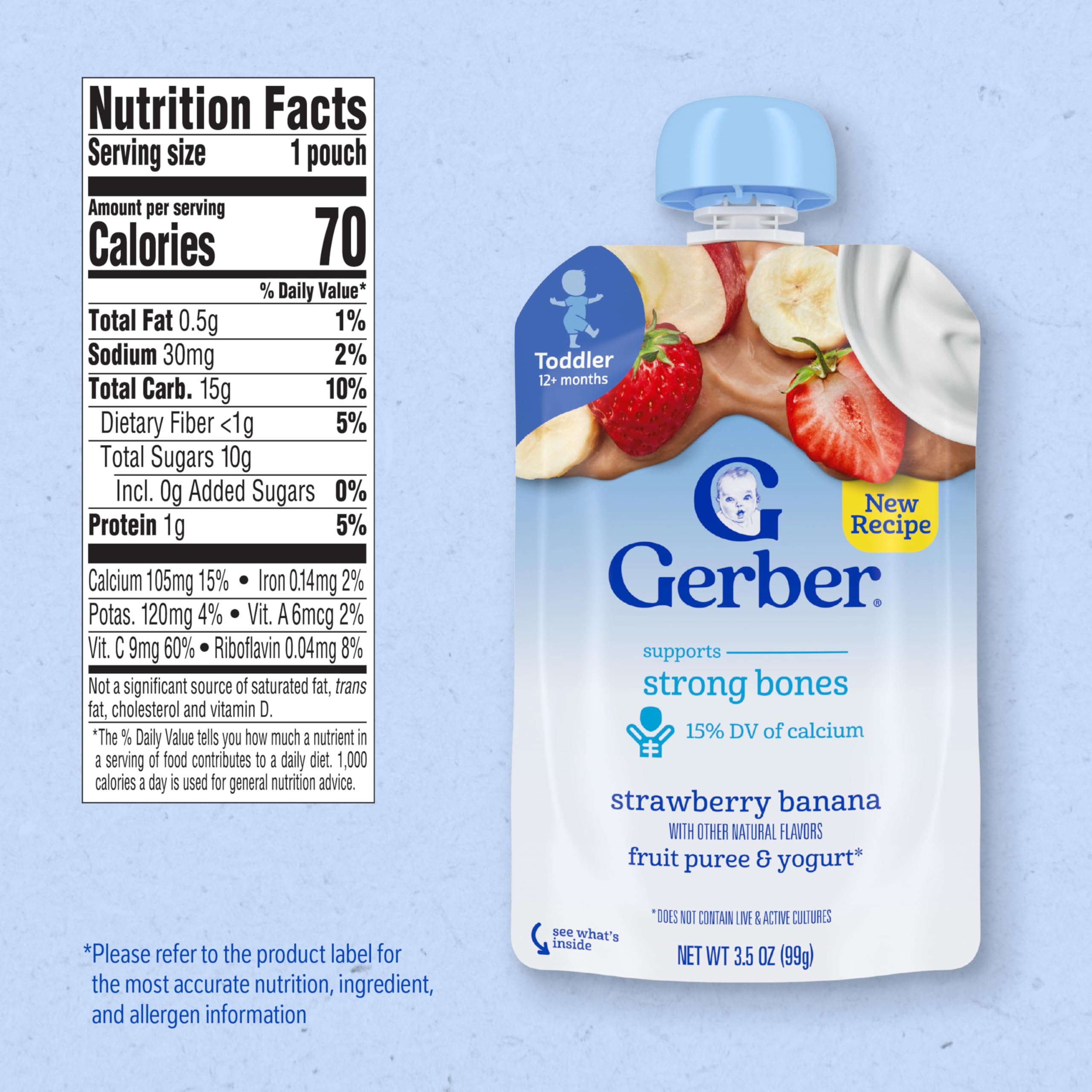 Gerber Toddler Pouch yogurt swirl highlighting calcium-rich yogurt