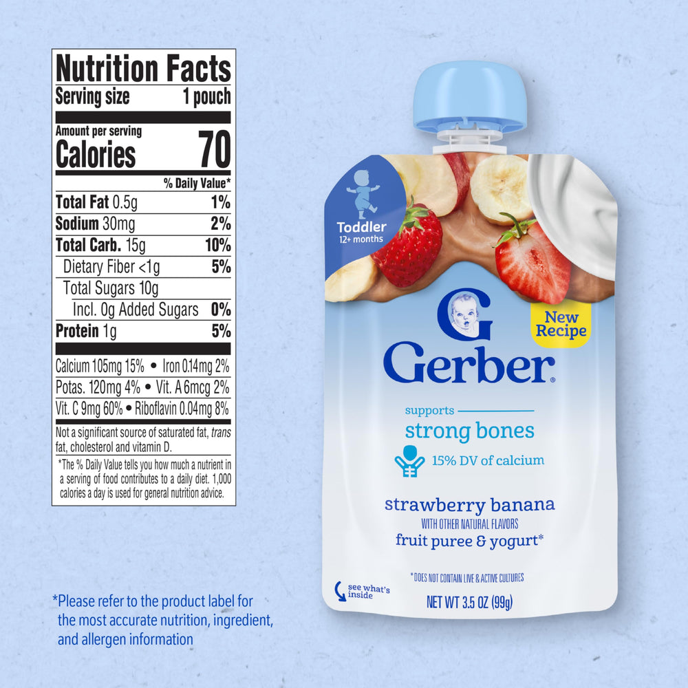 Gerber Toddler Pouch yogurt swirl highlighting calcium-rich yogurt