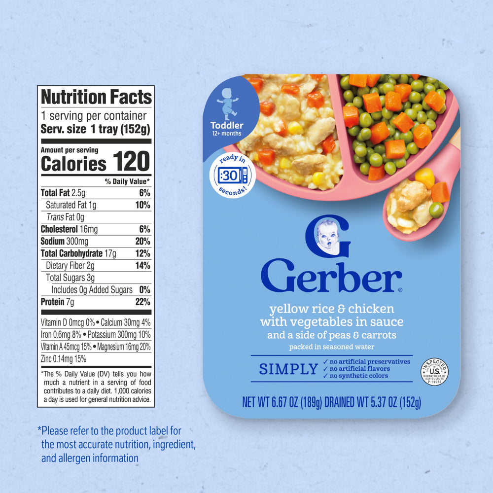Gerber Toddler Yellow Rice & Chicken serving dish highlights balanced portions for mealtime