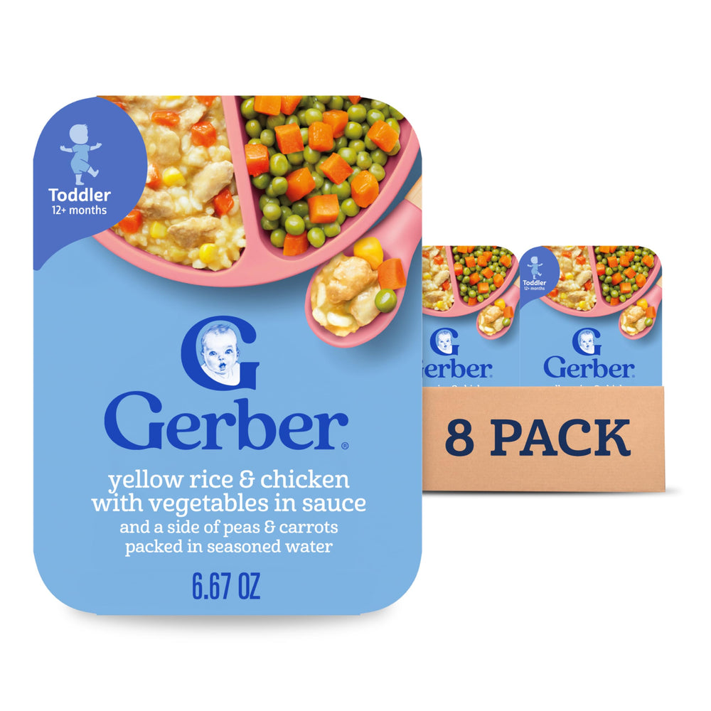 Gerber Toddler Yellow Rice & Chicken tray closeup showing textures for easy self-feeding