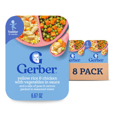 Gerber Toddler Yellow Rice & Chicken tray closeup showing textures for easy self-feeding